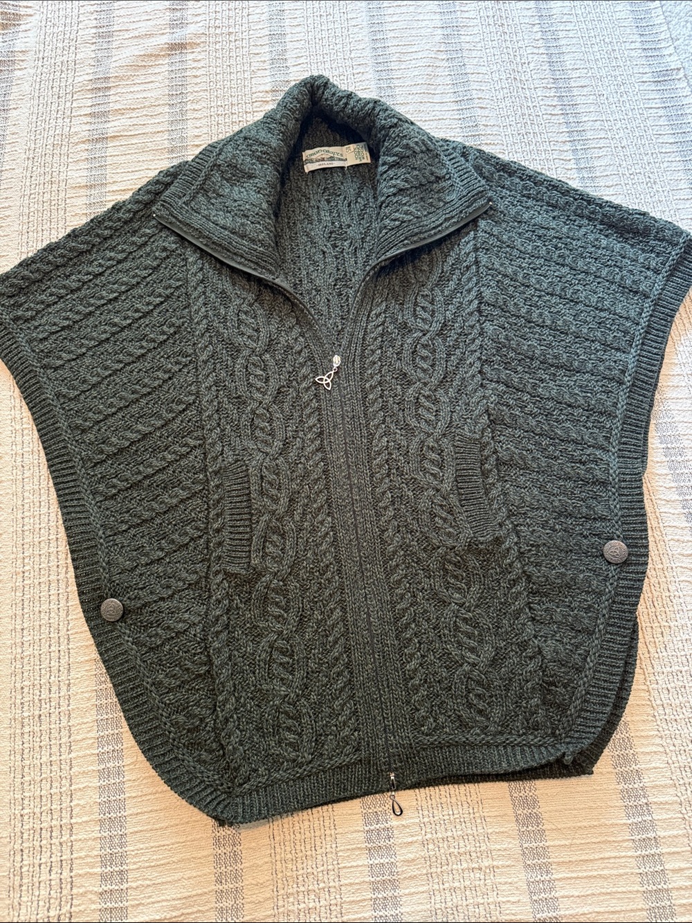 Aran Crafts Cable Knit Zip Front Poncho - Dark Green